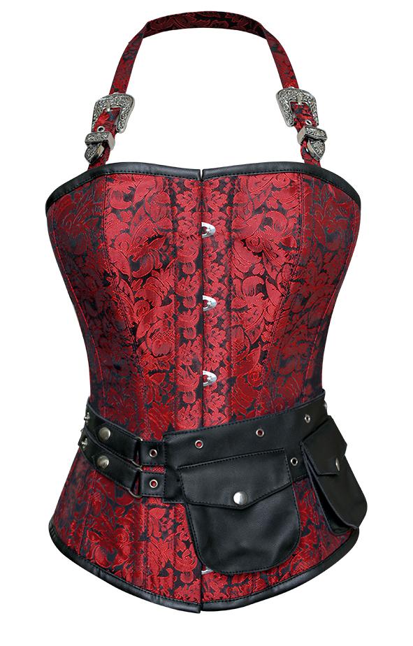 Zeta Red Corset with Strap and Faux Leather Pouch - Shearling leather