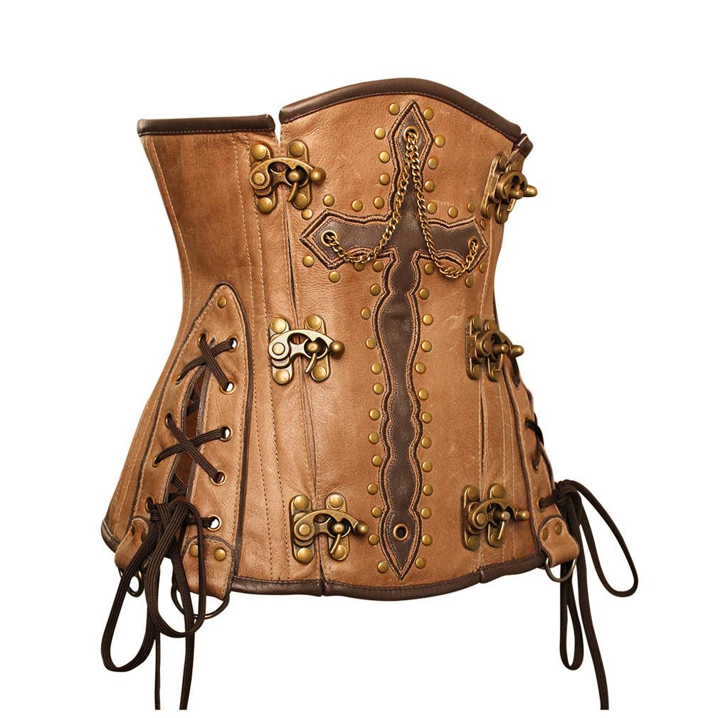 Guthrie Crossed Design Crunch Leather Underbust Corset - Shearling leather