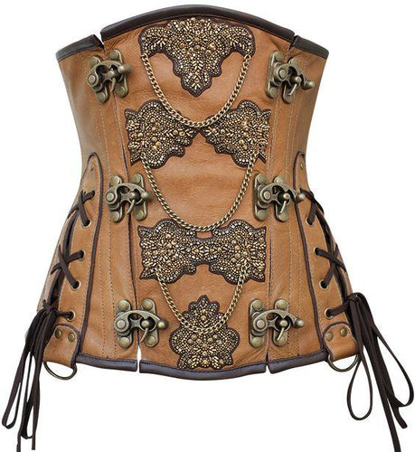 Neville Embroidered Crunch Leather Underbust Corset - Shearling leather
