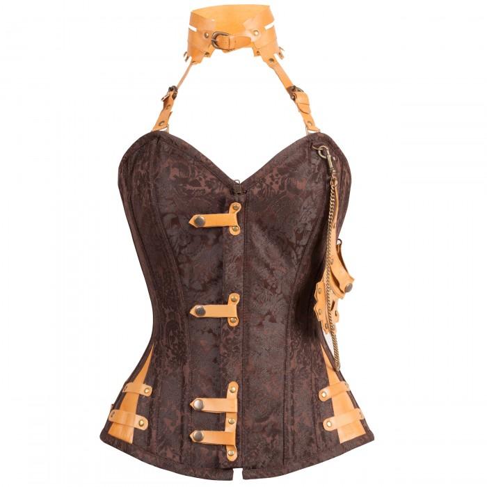 Hall Brown Steampunk Corset With Attached Neck Gear - Shearling leather