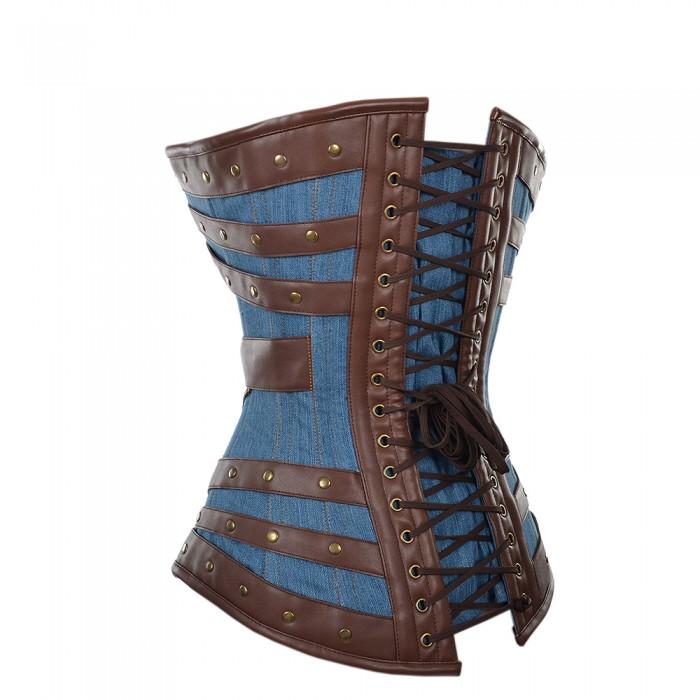 Harnock Denim Overbust Corset With Brown Faux Leather Buckle Detail - Shearling leather