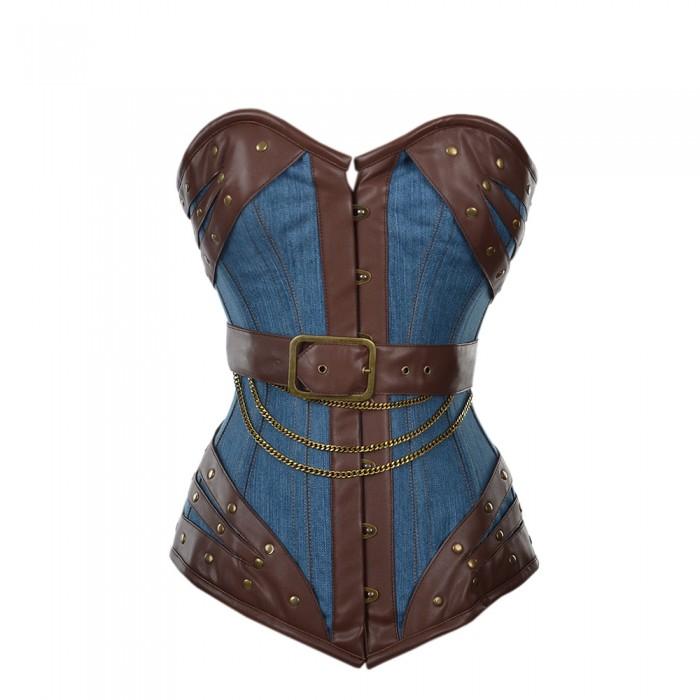 Harnock Denim Overbust Corset With Brown Faux Leather Buckle Detail - Shearling leather