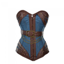 Load image into Gallery viewer, Harnock Denim Overbust Corset With Brown Faux Leather Buckle Detail - Shearling leather
