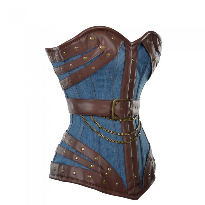 Harnock Denim Overbust Corset With Brown Faux Leather Buckle Detail - Shearling leather