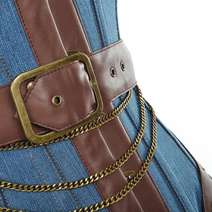 Harnock Denim Overbust Corset With Brown Faux Leather Buckle Detail - Shearling leather