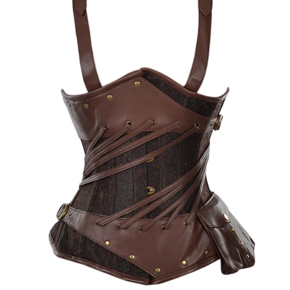Borrego Brocade And Faux Leather Steampunk Underbust Corset - Shearling leather