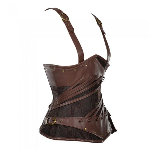 Borrego Brocade And Faux Leather Steampunk Underbust Corset - Shearling leather