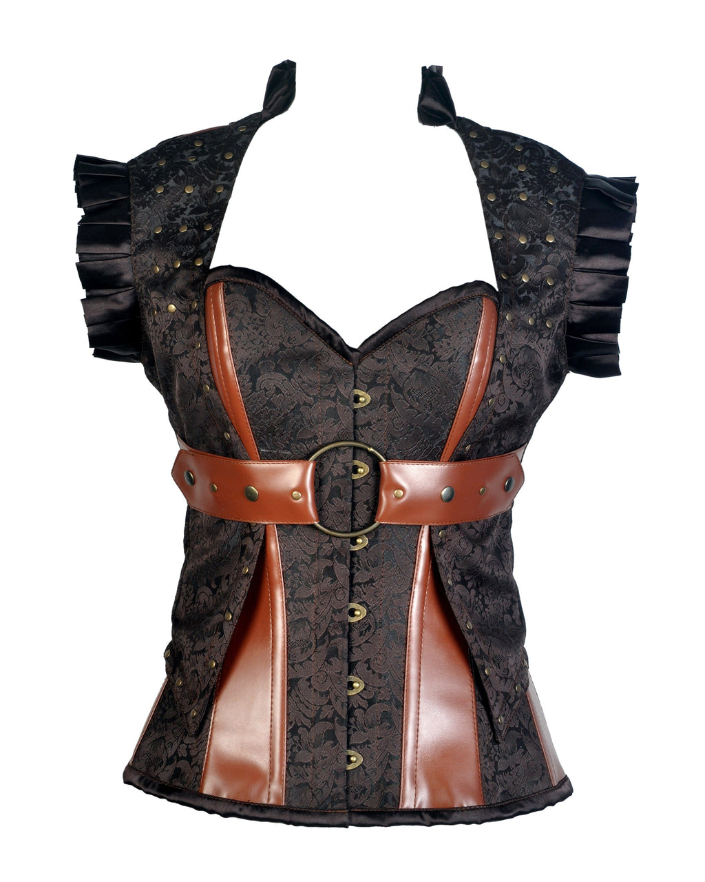 Harry Coffee Brown Brocade & Faux Leather Corset With Jacket - Shearling leather