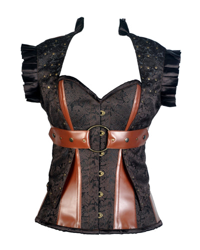 Harry Coffee Brown Brocade & Faux Leather Corset With Jacket - Shearling leather