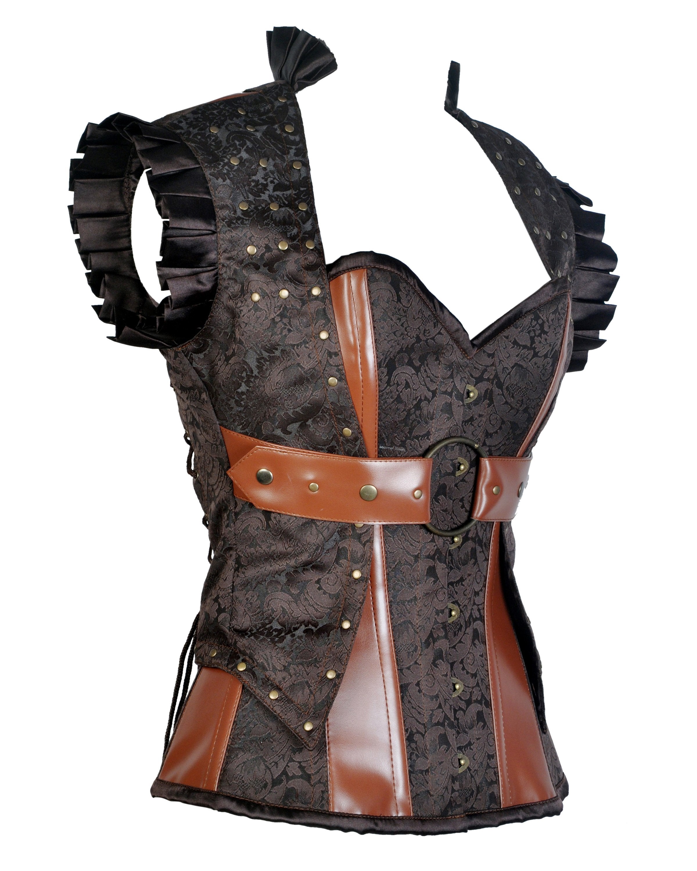 Harry Coffee Brown Brocade & Faux Leather Corset With Jacket - Shearling leather