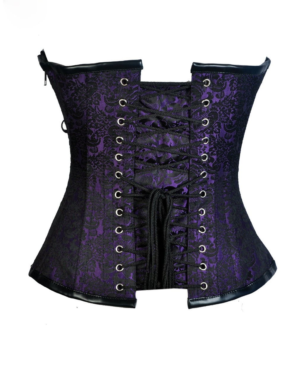 Gray Purple Brocade & Black Faux Leather Gothic Corset - Shearling leather