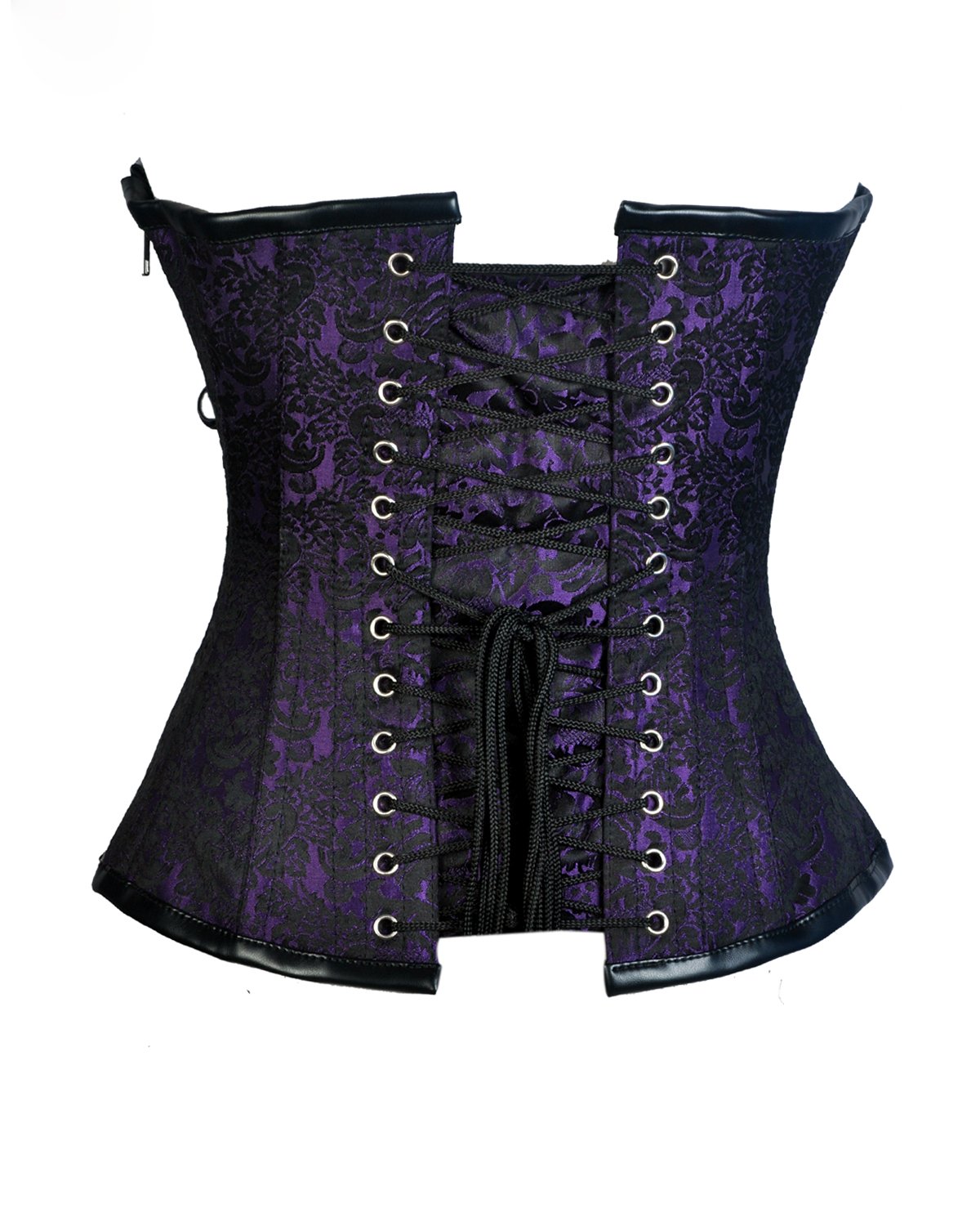 Gray Purple Brocade & Black Faux Leather Gothic Corset - Shearling leather