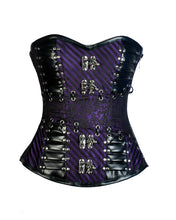 Load image into Gallery viewer, Gray Purple Brocade &amp; Black Faux Leather Gothic Corset - Shearling leather
