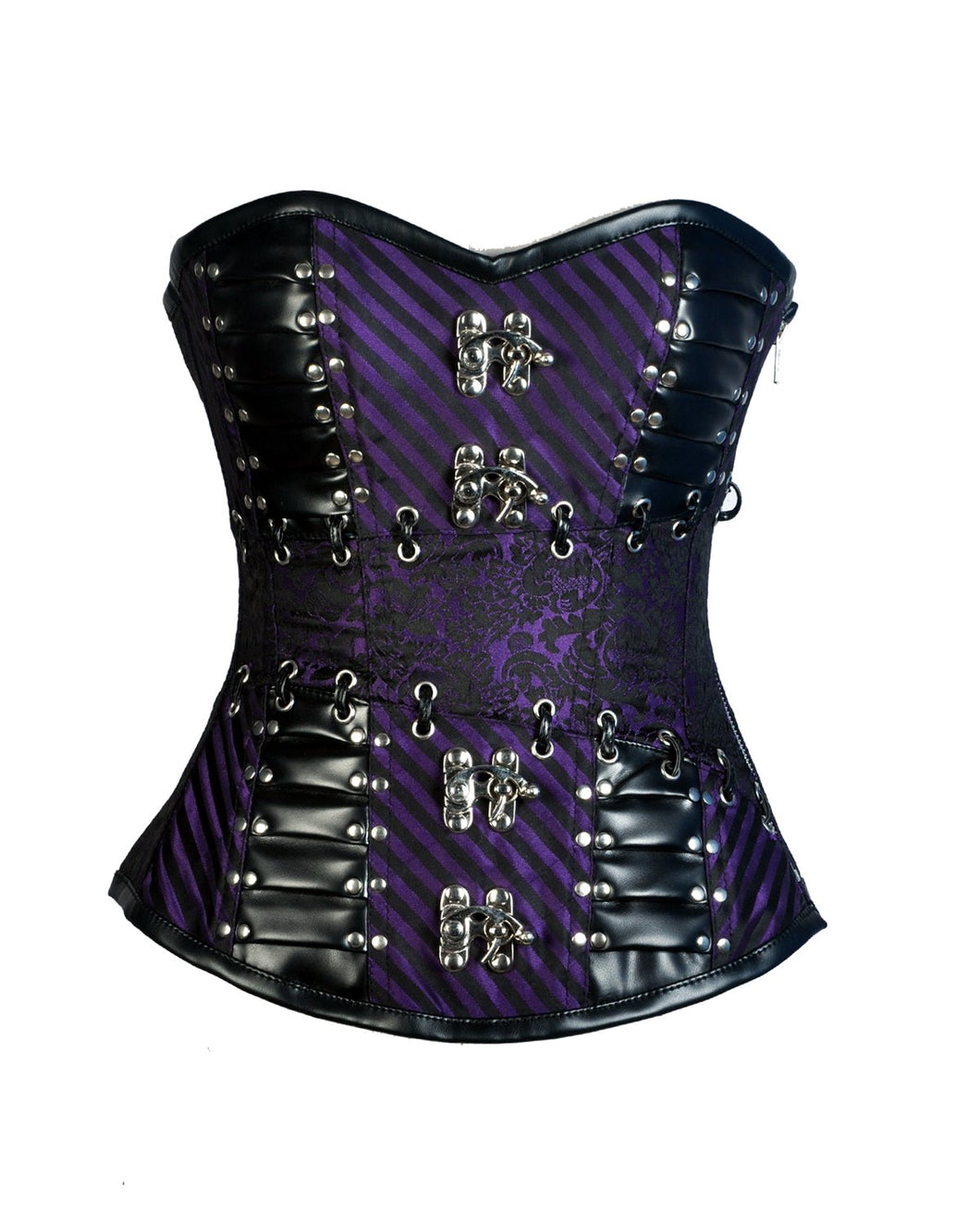 Gray Purple Brocade & Black Faux Leather Gothic Corset - Shearling leather