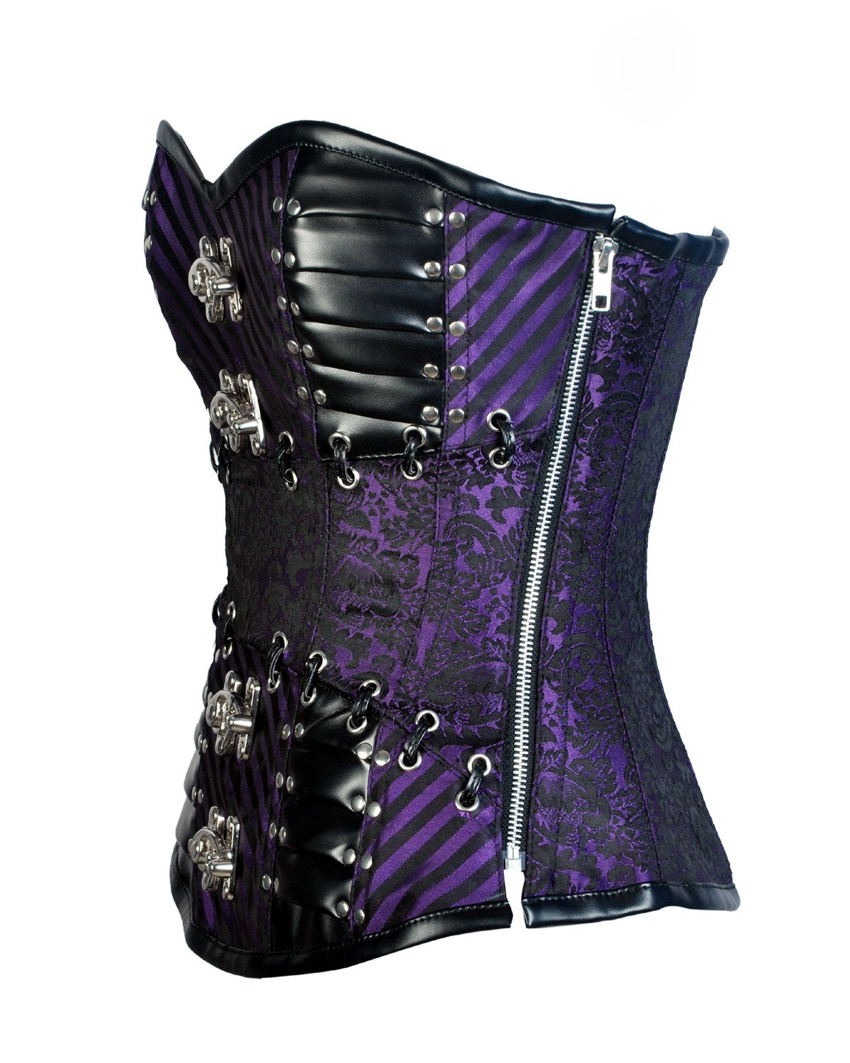 Gray Purple Brocade & Black Faux Leather Gothic Corset - Shearling leather