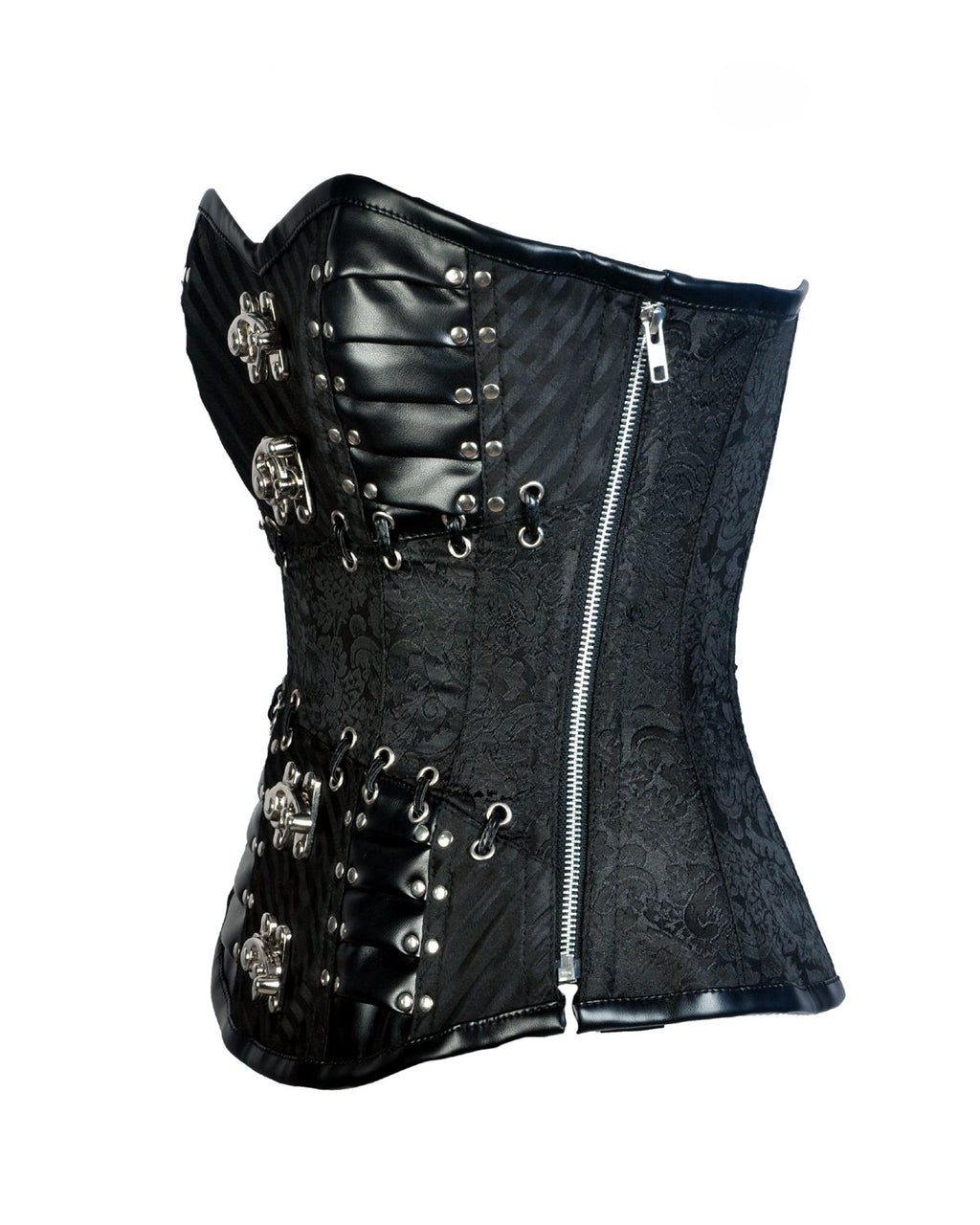 Teryy Black Brocade & Faux Leather Gothic Corset - Shearling leather