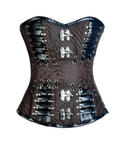 Load image into Gallery viewer, Lampard Coffee Brown Brocade &amp; Faux Leather Steampunk Corset - Shearling leather
