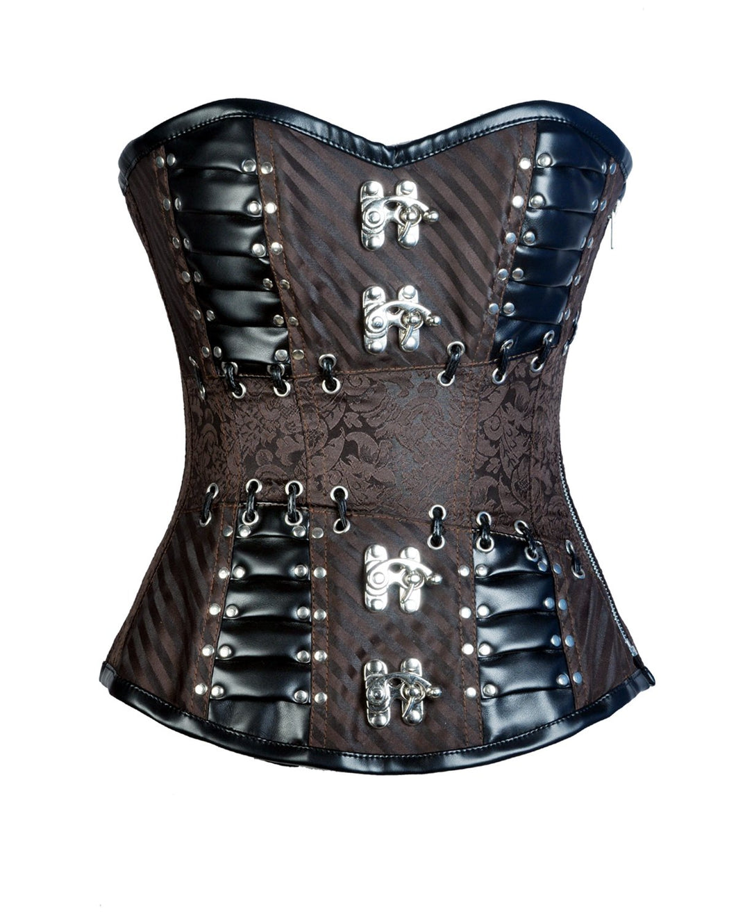 Lampard Coffee Brown Brocade & Faux Leather Steampunk Corset - Shearling leather