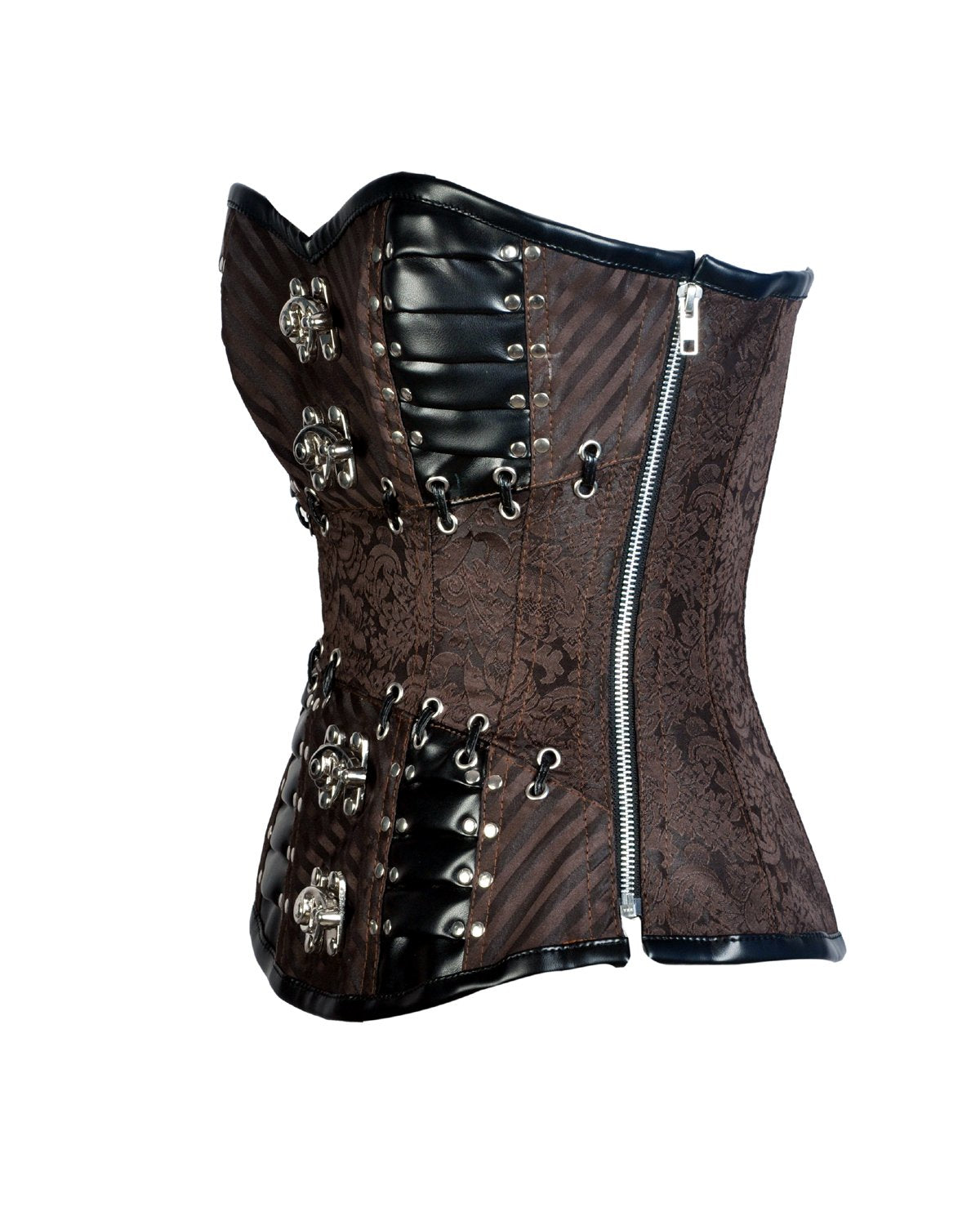 Lampard Coffee Brown Brocade & Faux Leather Steampunk Corset - Shearling leather