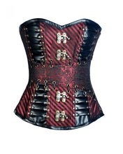Load image into Gallery viewer, Keane Red Brocade &amp; Faux Leather Gothic Corset - Shearling leather
