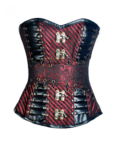 Keane Red Brocade & Faux Leather Gothic Corset - Shearling leather