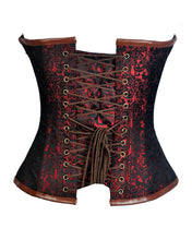 Load image into Gallery viewer, Loftus Red Brocade &amp; Faux Leather Gothic Corset - Shearling leather
