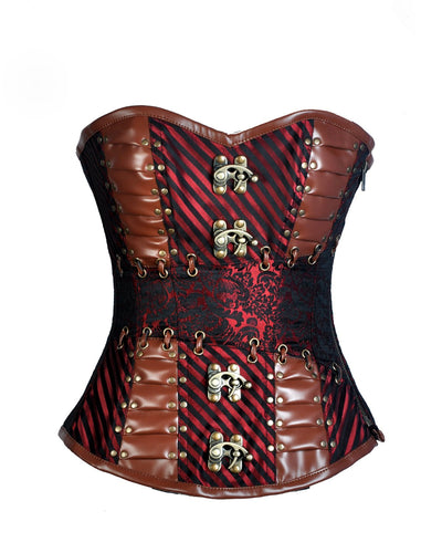 Loftus Red Brocade & Faux Leather Gothic Corset - Shearling leather