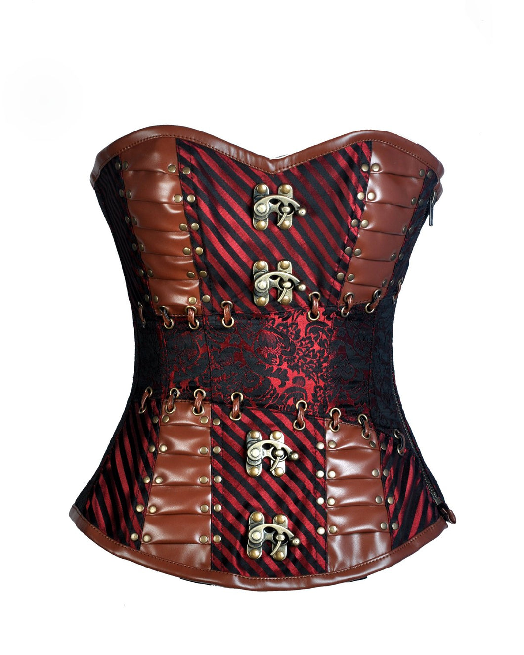 Loftus Red Brocade & Faux Leather Gothic Corset - Shearling leather