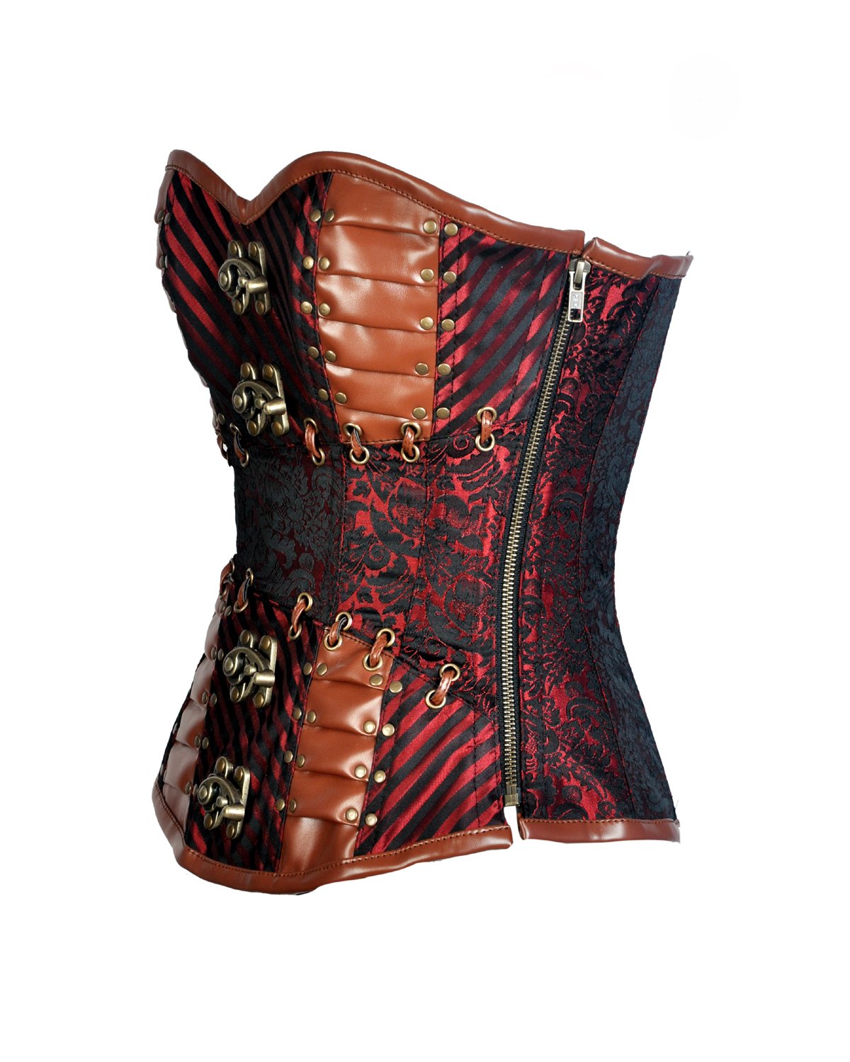 Loftus Red Brocade & Faux Leather Gothic Corset - Shearling leather