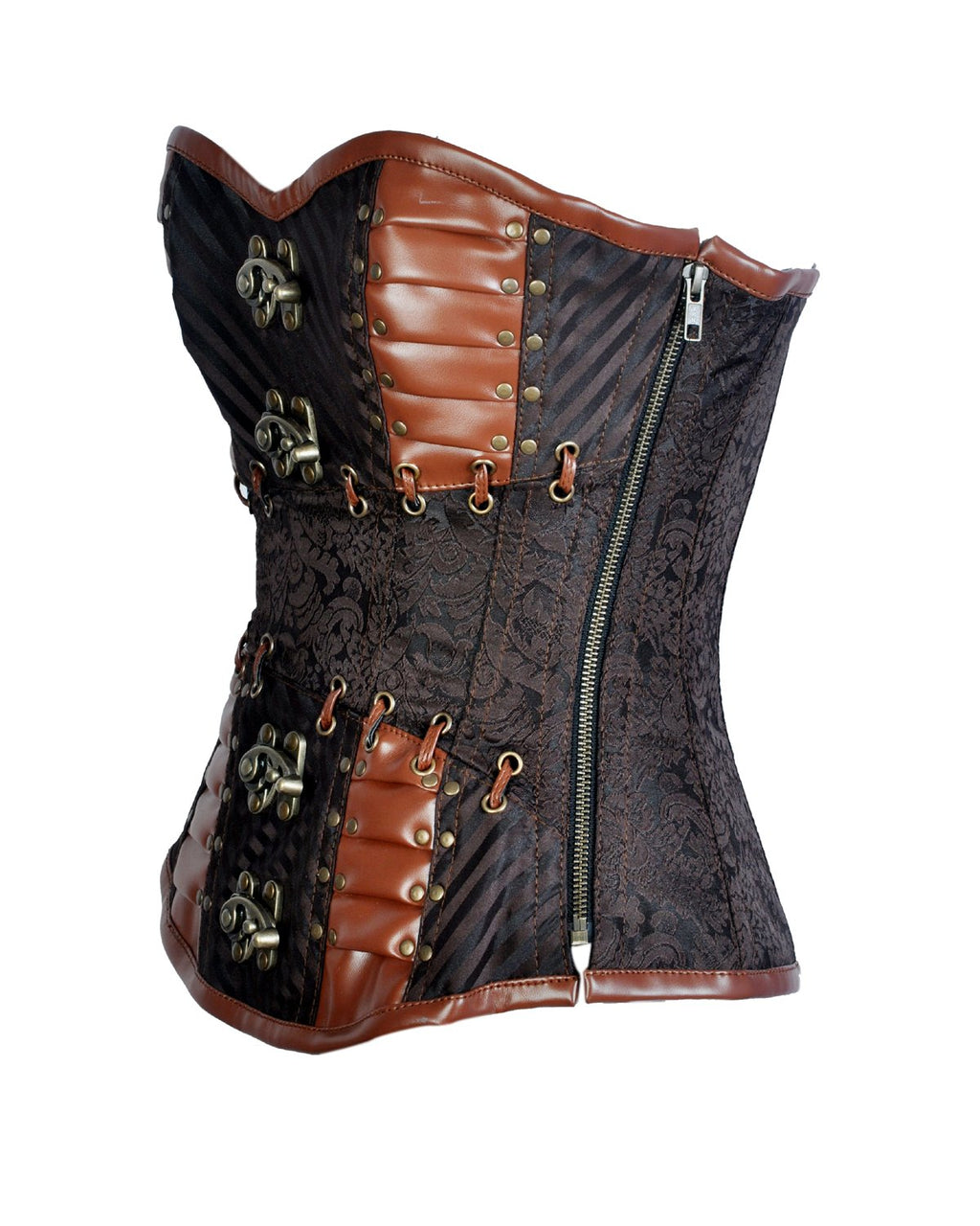 Serry Coffee Brocade & Faux Leather Steampunk Corset - Shearling leather