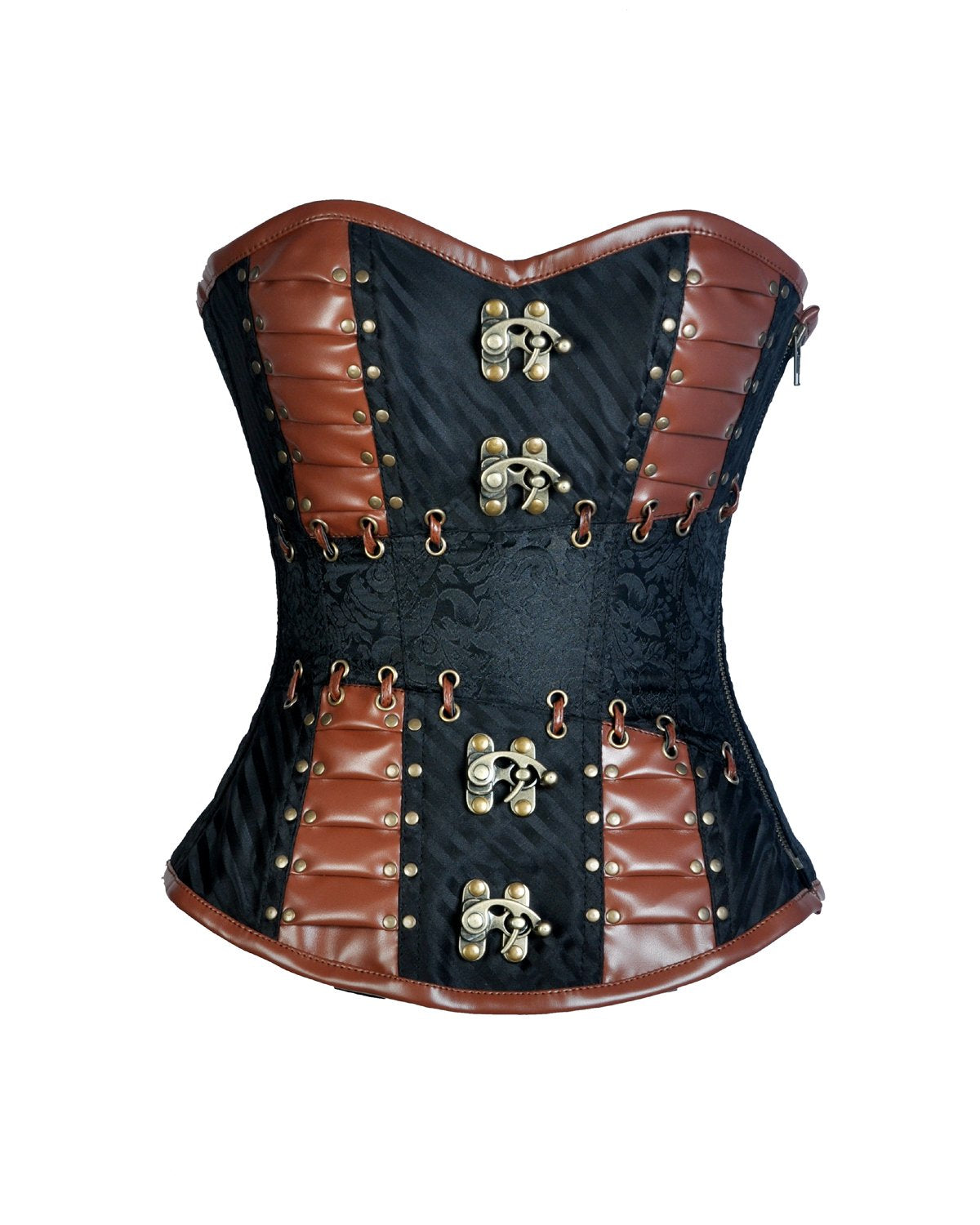 Maurico Brocade & Faux Leather Steampunk Corset - Shearling leather