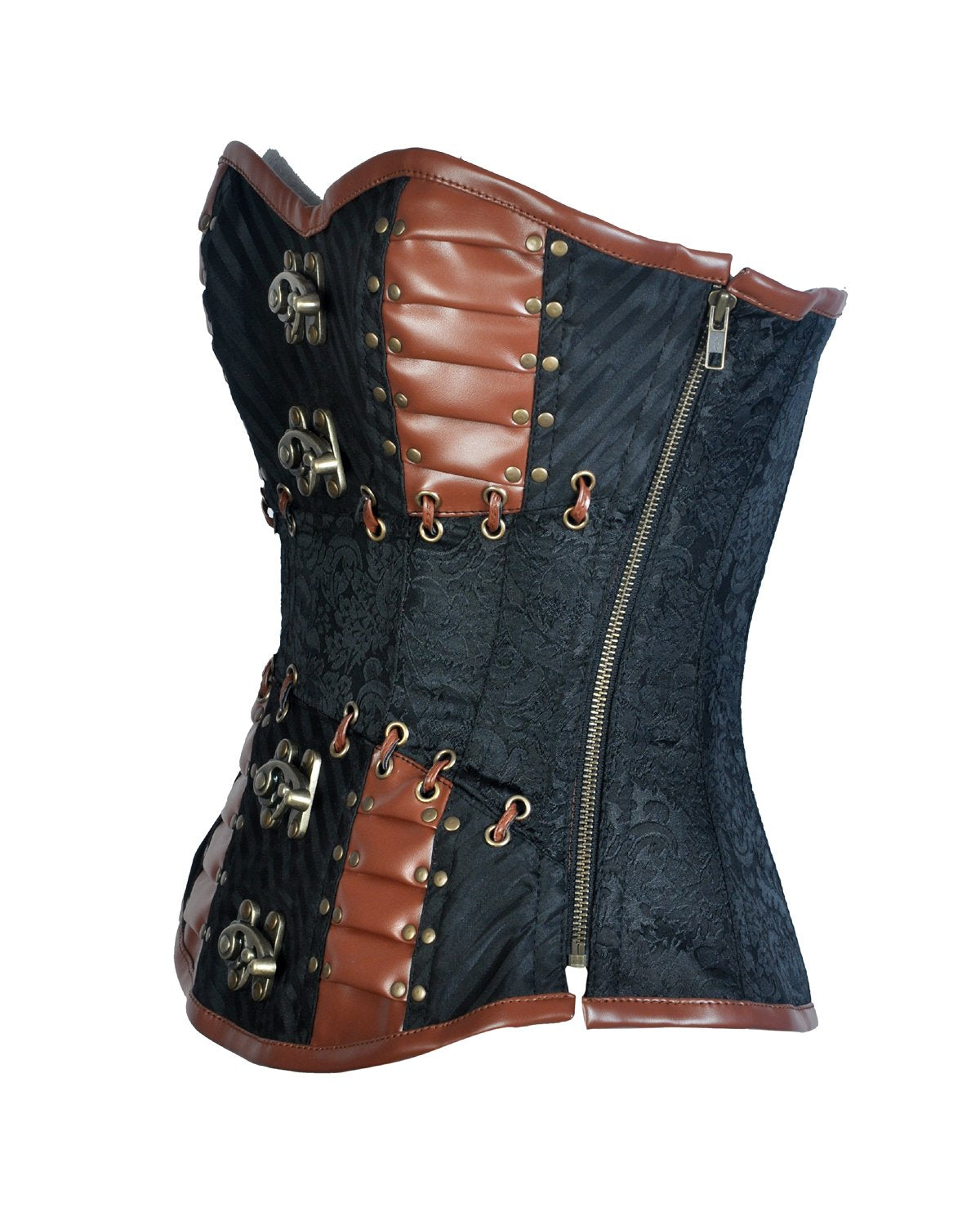 Maurico Brocade & Faux Leather Steampunk Corset - Shearling leather