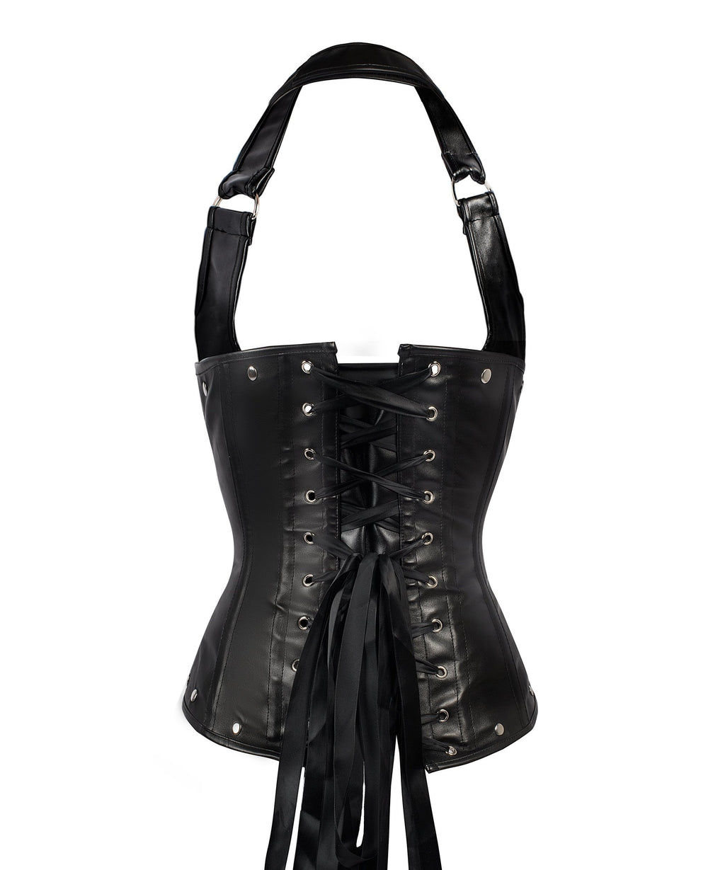 Gilmor Black Leather Look PU Underbust With Halter Strap - Shearling leather