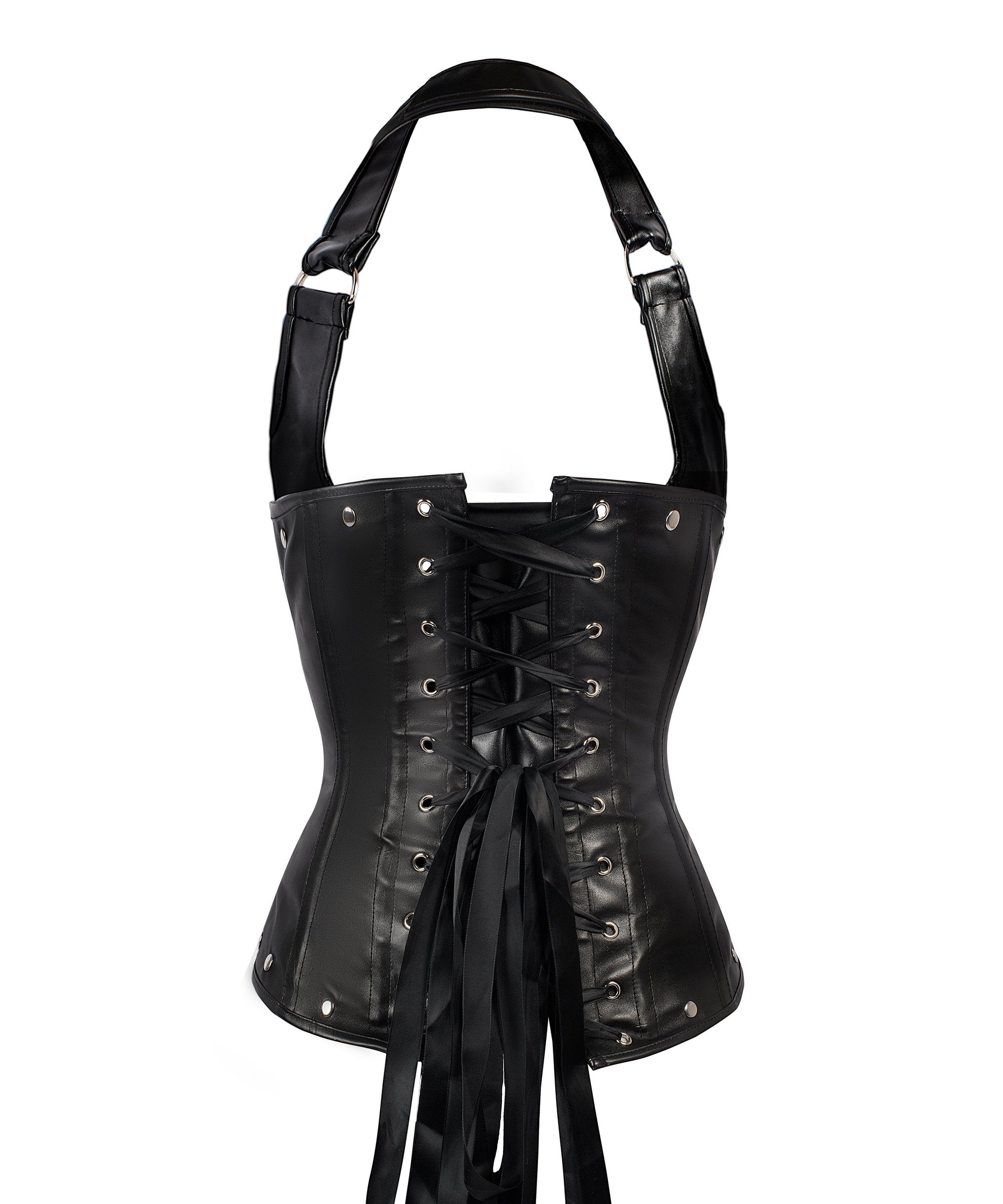 Gilmor Black Leather Look PU Underbust With Halter Strap - Shearling leather