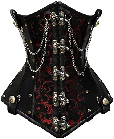 Flodin Red Brocade & Faux Leather Underbust Corset With Chain Details - Shearling leather
