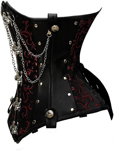 Flodin Red Brocade & Faux Leather Underbust Corset With Chain Details - Shearling leather