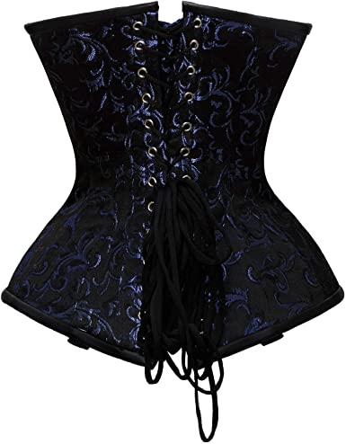 Rueber Blue Brocade & Faux Leather Underbust Corset With Chain Details - Shearling leather