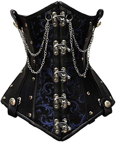 Rueber Blue Brocade & Faux Leather Underbust Corset With Chain Details - Shearling leather