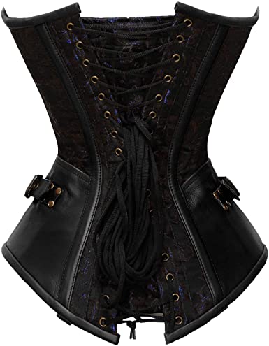 Tolleson Blue Brocade & Black Faux Leather Overbust Corset - Shearling leather