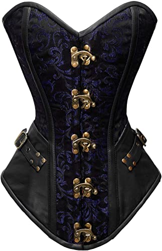 Tolleson Blue Brocade & Black Faux Leather Overbust Corset - Shearling leather