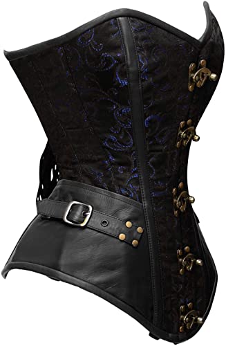 Tolleson Blue Brocade & Black Faux Leather Overbust Corset - Shearling leather