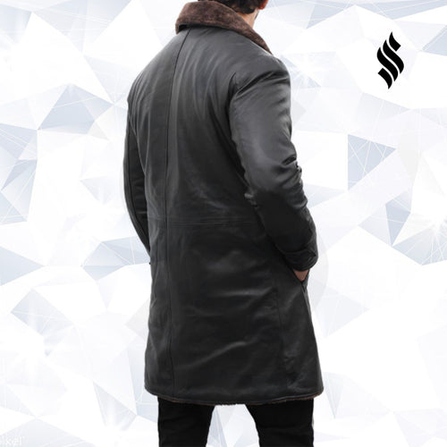 Chandler Mens Shearling Lined Black Leather Trench Coat - Shearling leather