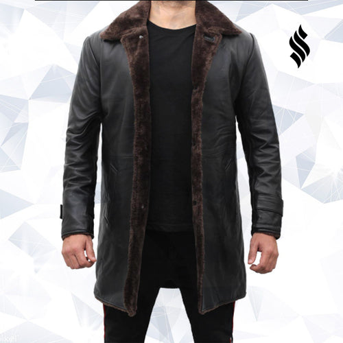 Chandler Mens Shearling Lined Black Leather Trench Coat - Shearling leather