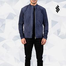 Load image into Gallery viewer, Charcoal Navy Blue Suede Biker Leather Jacket - Shearling leather
