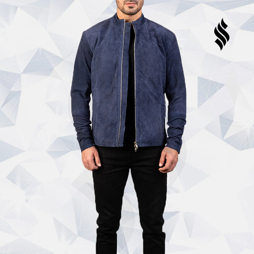 Charcoal Navy Blue Suede Biker Leather Jacket - Shearling leather