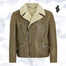 Load image into Gallery viewer, Chocolate Brown Aviator Leather Jacket Men - Shearling leather
