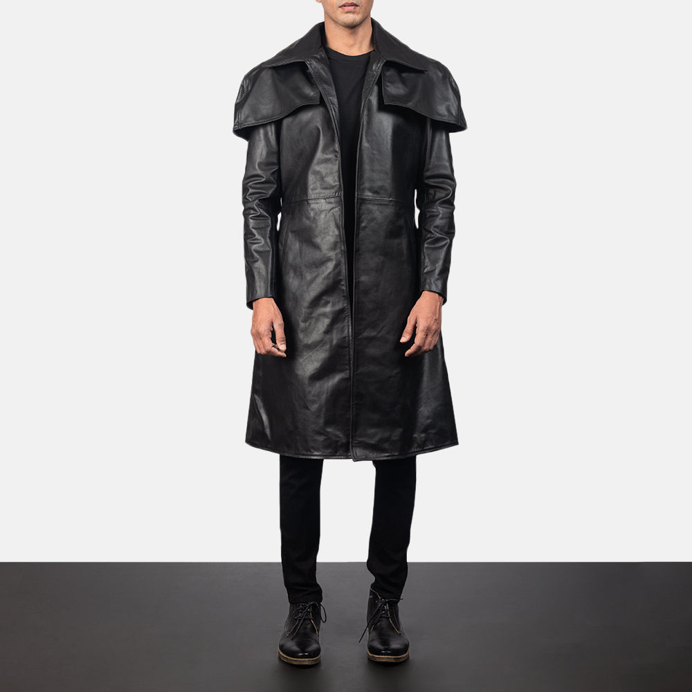Mens Classic Black Cowhide Leather Duster Coat