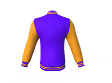 Load image into Gallery viewer, Purple Varsity Letterman Jacket with Gold Sleeves - Shearling leather
