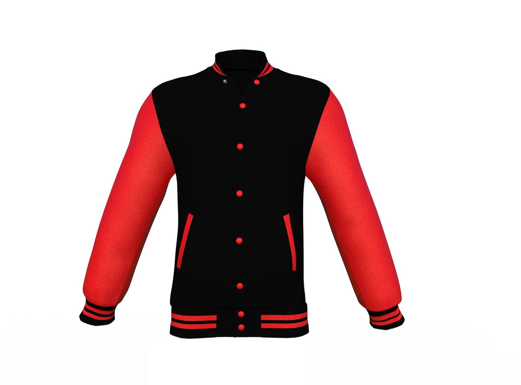 Black Varsity Letterman Jacket with Red Sleeves - Shearling leather