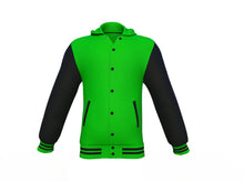 Load image into Gallery viewer, Light Green Varsity Letterman Jacket with Black Sleeves - Shearling leather
